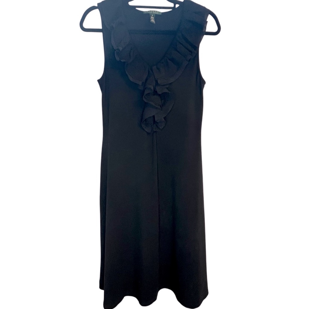 Lauren by Ralph Lauren Elegant Black Ruffle Front Cotton Blend Dress Minimalist - Picture 3 of 9